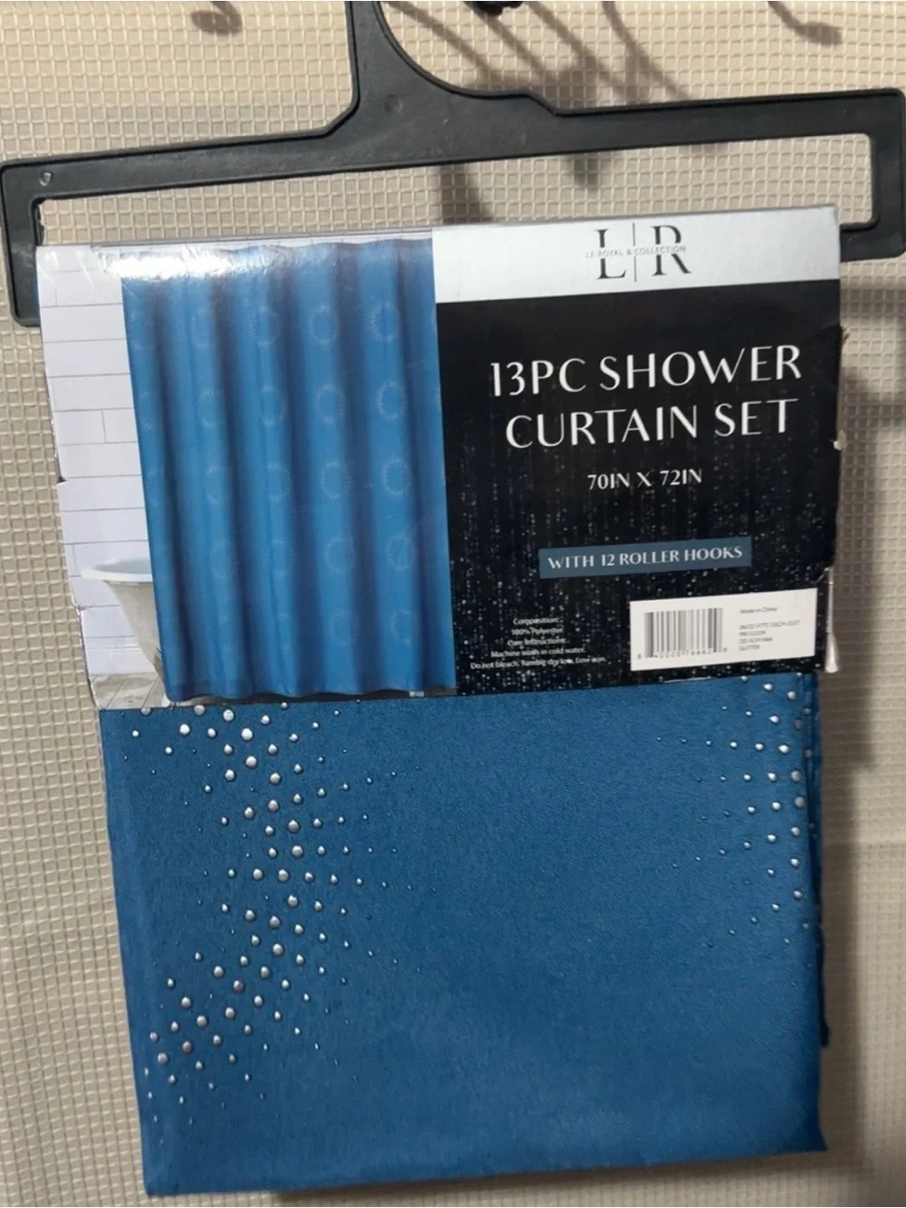 13-Pc Blue Shower Curtain Set with Silver Hooks